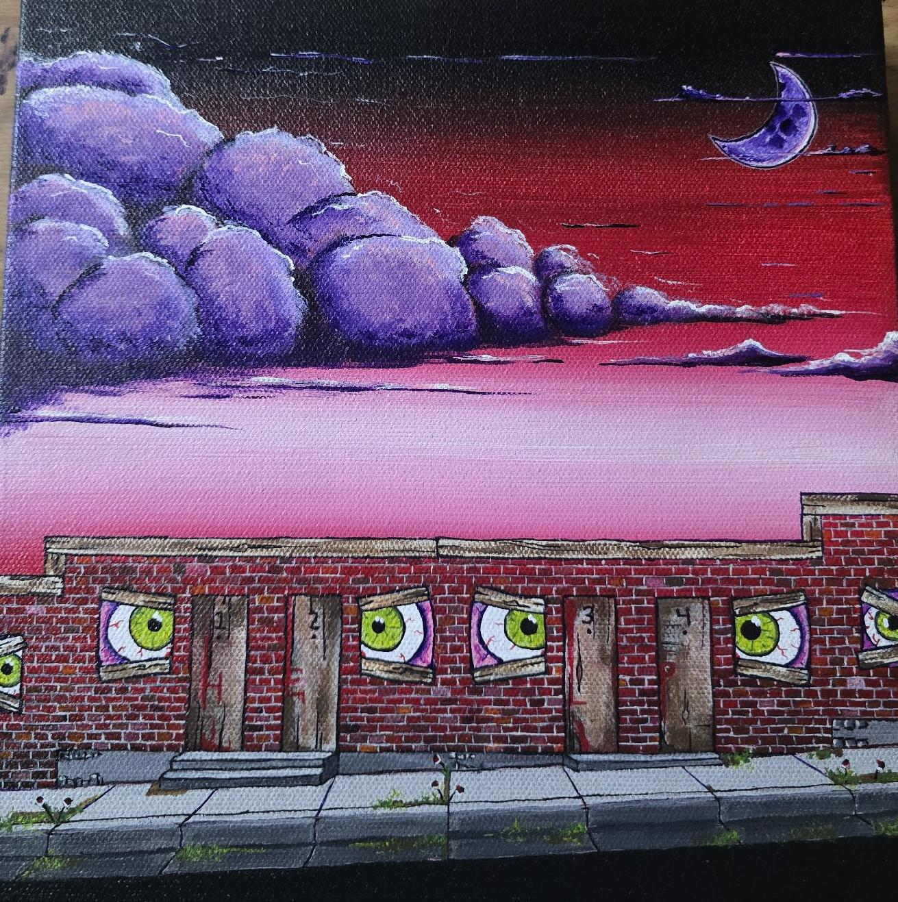 Painting No. 58 by Tony — a brick building with eyeballs in the windows, under purple clouds and a crescent moon